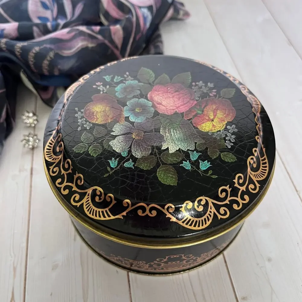 Vintage Lithograph Toleware Tin Faux Crackle Finish Floral Bouquet Gold Scrolls